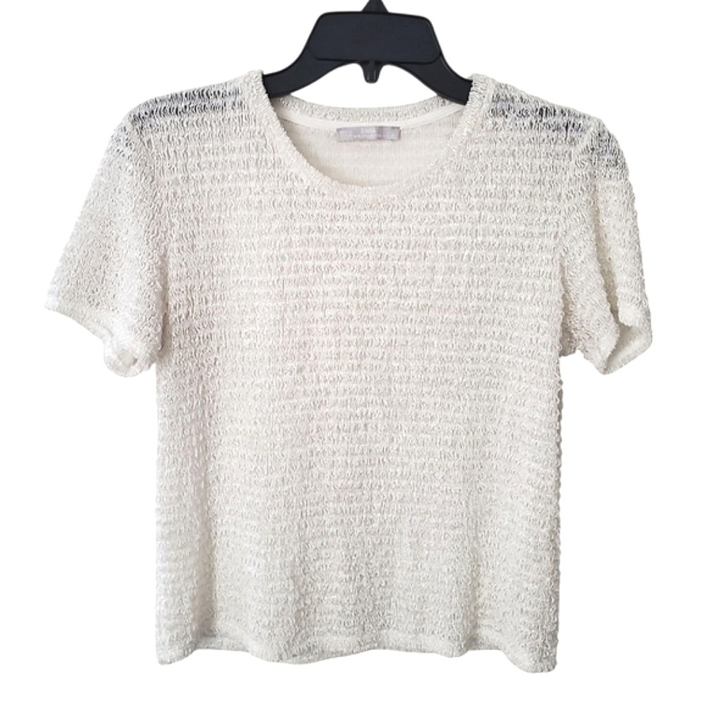 Zara W/B Collection White Textured Knit Short Sleeve Round Neck Crop Top - Large